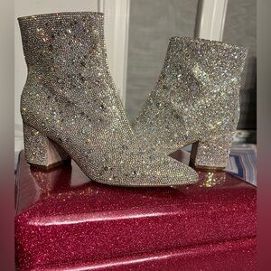 Betsey Johnson Silver Crystal Embellished Ankle Boots